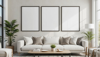 Frame Mockup on Living Room Wall, Modern Interior Design with 3D Render.
