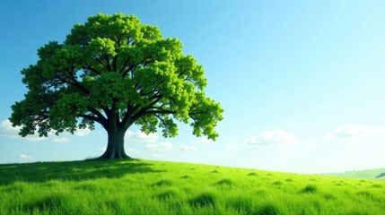 Obraz premium Serene Landscape Featuring a Majestic Oak Tree on a Verdant Hill Under a Clear Blue Sky