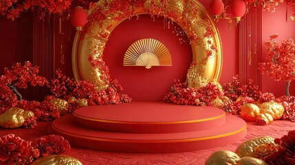 Obraz premium Red podium with gold fan, flowers, lanterns for Lunar New Year product display.