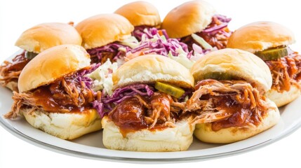 A plate of succulent barbecue pulled pork sliders with tender shredded pork, barbecue sauce, coleslaw