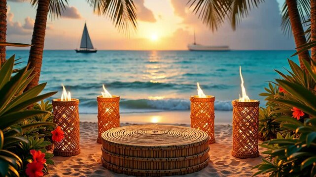 An empty wooden display platform on a tropical beach with burning lanterns and palm trees against the background of the sea