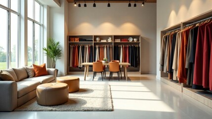 Modern showroom interior design featuring a stylish lounge area and a curated collection of autumnal-toned garments displayed on wooden shelving and racks