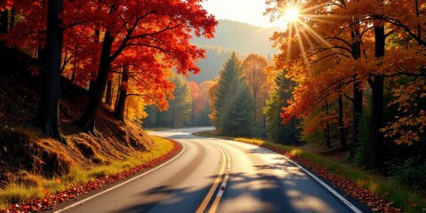 Fototapeta premium Scenic autumnal road curving through a vibrant forest bathed in the golden sunlight of a crisp fall day