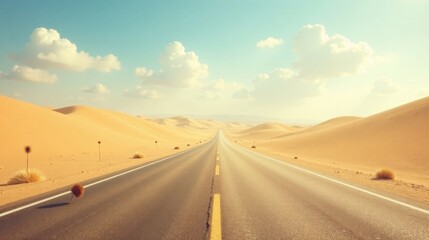 Fototapeta premium Endless Asphalt Journey Across Expansive Sandy Dunes Under a Bright Sunny Sky