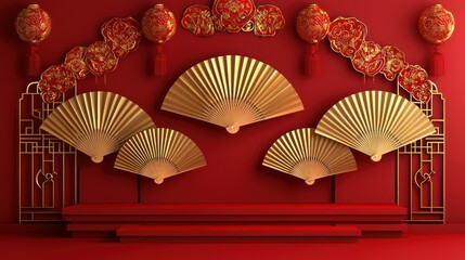 Red stage with gold fans, lanterns, gate on backdrop for product display.