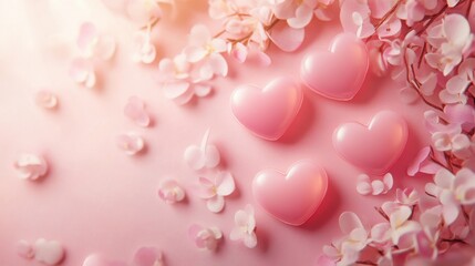 Fototapeta premium Minimalist Valentine's Day Design with Glowing Hearts and Floral Elements on Pastel Pink Surface
