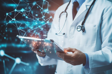 Ein futuristischer Arzt untersucht ein holografisches Patienten Diagramm in einer hochentwickelten medizinischen Umgebung mit leuchtenden digitalen Schnittstellen
