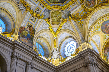 Obraz premium Ancient decoration in ceiling of the Royal Palace main lobby, Madrid, Spain