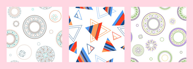 Obraz premium Seamless pattern of geometric shapes. Bright seamless pattern. Set of 3 patterns. Design for fabric, wallpaper, wrapping paper. Vector