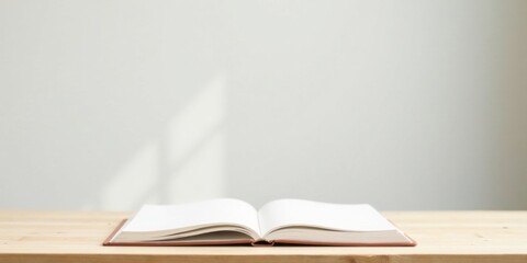 Fototapeta premium Open Book on Wooden Table Against a White Wall, Ready for Your Text or Design