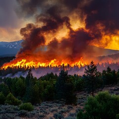 Fototapeta premium Wildfire raging through mountain forest at sunset (1)