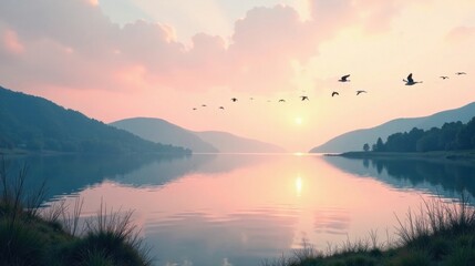 Fototapeta premium Serene Sunset Over Calm Lake with Birds in Flight, Peaceful Landscape Panorama