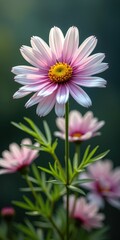 A delicate flower with soft pink petals and a bright yellow center