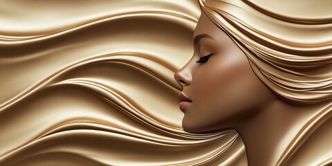 Side Profile of a Woman with Metallic Gold Hair Flowing in Elegant Waves. Luxurious Texture and Warm Tones Create a Stunning Aesthetic. Perfect for Fashion, Beauty, and Luxury Ads. AI generated