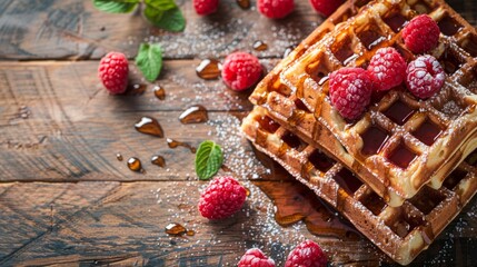 Fototapeta premium Indulge in Delicious Waffles That Are Generously Topped with Fresh, Juicy Raspberries and Sweet Syrup