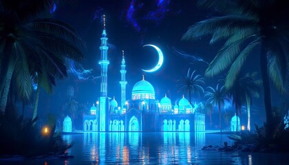 A beautiful night scene of an Islamic mosque with a crescent moon and its reflection in the water, set against a background of blue neon lights, 