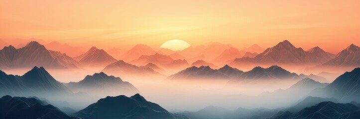 Obraz premium A breathtaking sunset illuminates misty mountains, casting warm hues over the landscape and creating a serene, tranquil atmosphere.