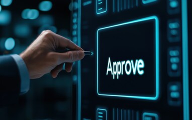 A hand presses the "Approve" button on a futuristic digital interface, illustrating technology and decision-making in a professional context.