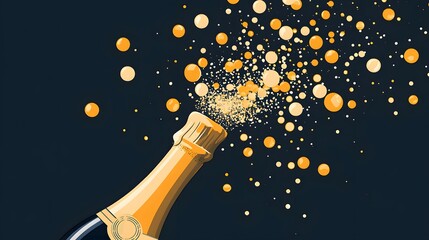 Champagne bottle popping, celebratory drink bursting with bubbles and sparkles, perfect for joyous occasions or events.