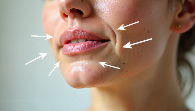 Close-up of woman's smile with highlighted facial dimples