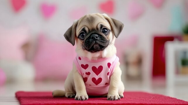 A cute pug puppy wearing a heart-patterned outfit sits on a red mat, surrounded by soft pastel decorations.