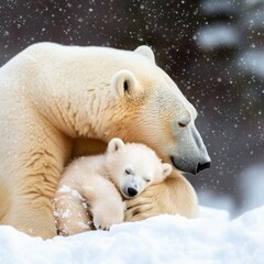 Fototapeta premium A tender scene of a polar bear embracing its cub in a snowy landscape, showcasing the bond between mother and child.