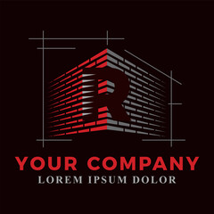 Brick laying construction combined with initial letter R logo design. Construction logo design template 