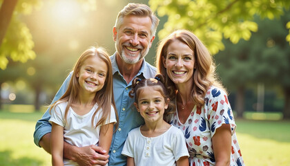 Fototapeta premium Happy family smiling together in a sunlit park