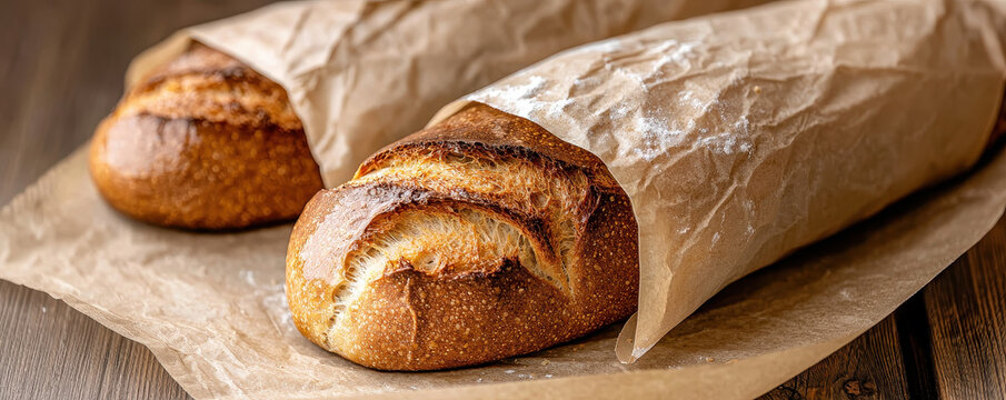 Freshly baked bread loaves wrapped in paper, showcasing rustic texture and warmth