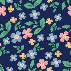 Obraz premium Small colorful flowers and brown flowers, hand drawn. Seamless on a light yellow background. Designed for fabric, fashion, textiles, wallpaper,