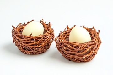 Chocolate nests with pastel-colored eggs, arranged on a white plate, placed on white background, depicting festive treats