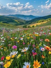 Obraz premium Wildflowers bloom on hills under a bright blue sky, bathed in soft morning light, creating an uplifting scene