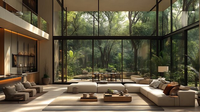 Fototapeta Modern luxury living room with jungle view.