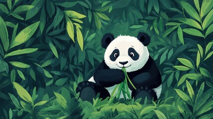 Naklejka premium A cute panda sits among lush green bamboo, munching happily on a leaf in a vibrant, jungle-like environment.
