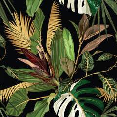 Tropical night vintage palm, banana, plant, golden leaves, floral seamless border black background. Exotic dark jungle wallpaper.