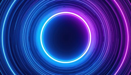 Abstract circular neon light trails in a dark space creating a glowing vortex