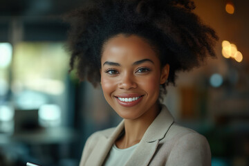 Fototapeta premium Smiling African American Woman in Office Setting with Natural Hair