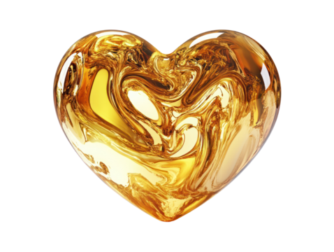 A digitally created image shows a heart-shaped form filled with swirling golden liquid, set against a black background.
