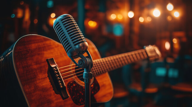 Vintage microphone and acoustic guitar in cozy music venue setting