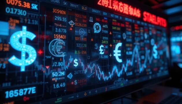 "A glowing holographic currency exchange board displaying floating dollar, euro, and yen symbols in a dark, high-tech setting."