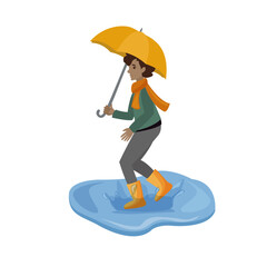 A boy jumps through puddles with a yellow umbrella in his hands. Child on a white background. Isolated vector illustration