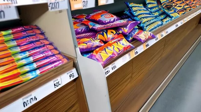 Close up view of organized candy store shelf displaying colorful packaged sweets and snacks arranged in neat rows for retail sale.
