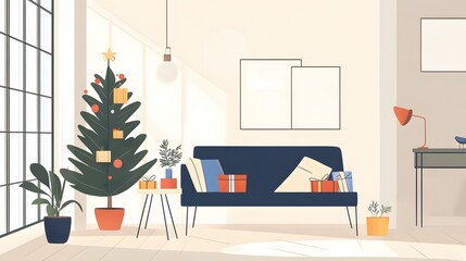 Obraz premium Cozy living room scene, modern interior with a decorative Christmas tree, comfortable sofa, and warm light accents, perfect for holiday vibes.