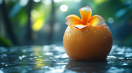 Tropical flower atop sphere, wet surface, blurred background, spa ad