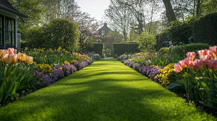 Obraz premium Flowers in vivid hues line a perfectly manicured path that invites exploration through a serene garden. Sunlight bathes the landscape, enhancing the tranquil atmosphere