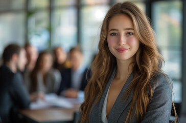 Fototapeta premium A woman with long brown hair is smiling for the camera