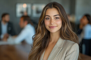 Fototapeta premium A woman with long brown hair is smiling for the camera