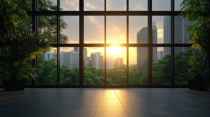 Fototapeta premium Sunset view from modern office cityscape