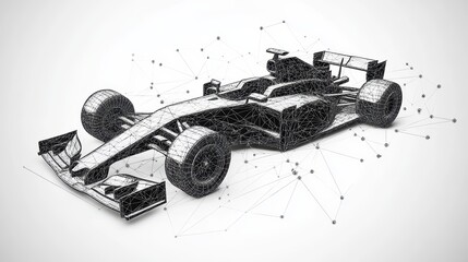 Low poly formula car model in a digital 3d rendering with a sleek design and dynamic pose