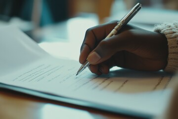 Close-up of a student writing on an exam paper in a classroom, with the focus on the hand holding a pen and the white paper with copy space Generative AI
